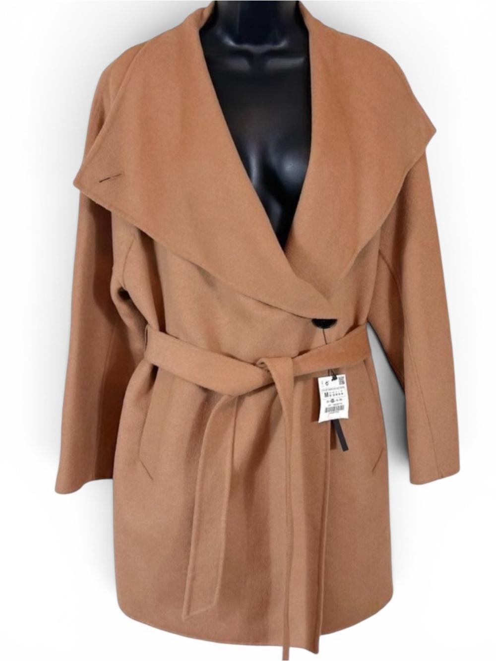 Zara Handmade Camel Beige Waterfall Wool Blend Draped Coat